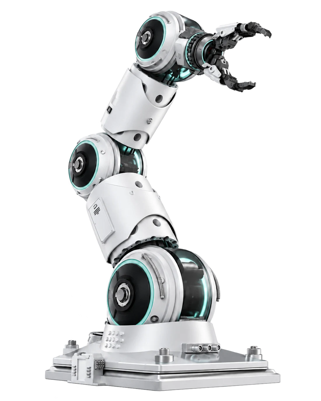 Ilustrace průmyslového robotického ramene s tyrkysovými detaily