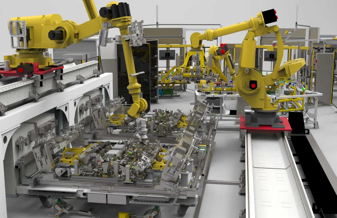 Finální barevná vizualizace pracoviště s průmyslovými roboty