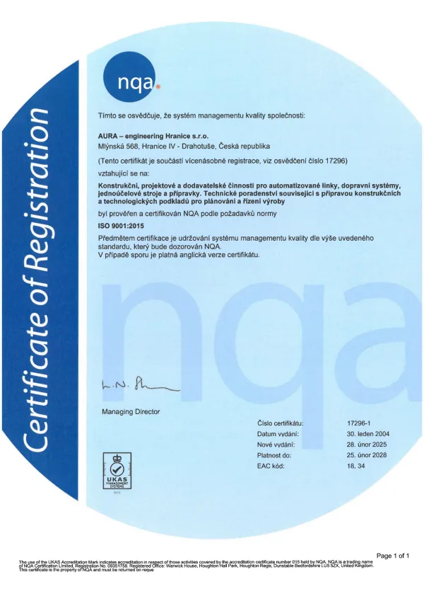 Náhled certifikátu: BS EN ISO 9001:2015 · pobočka 1