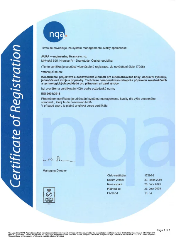 Náhled certifikátu: BS EN ISO 9001:2015 · pobočka 2